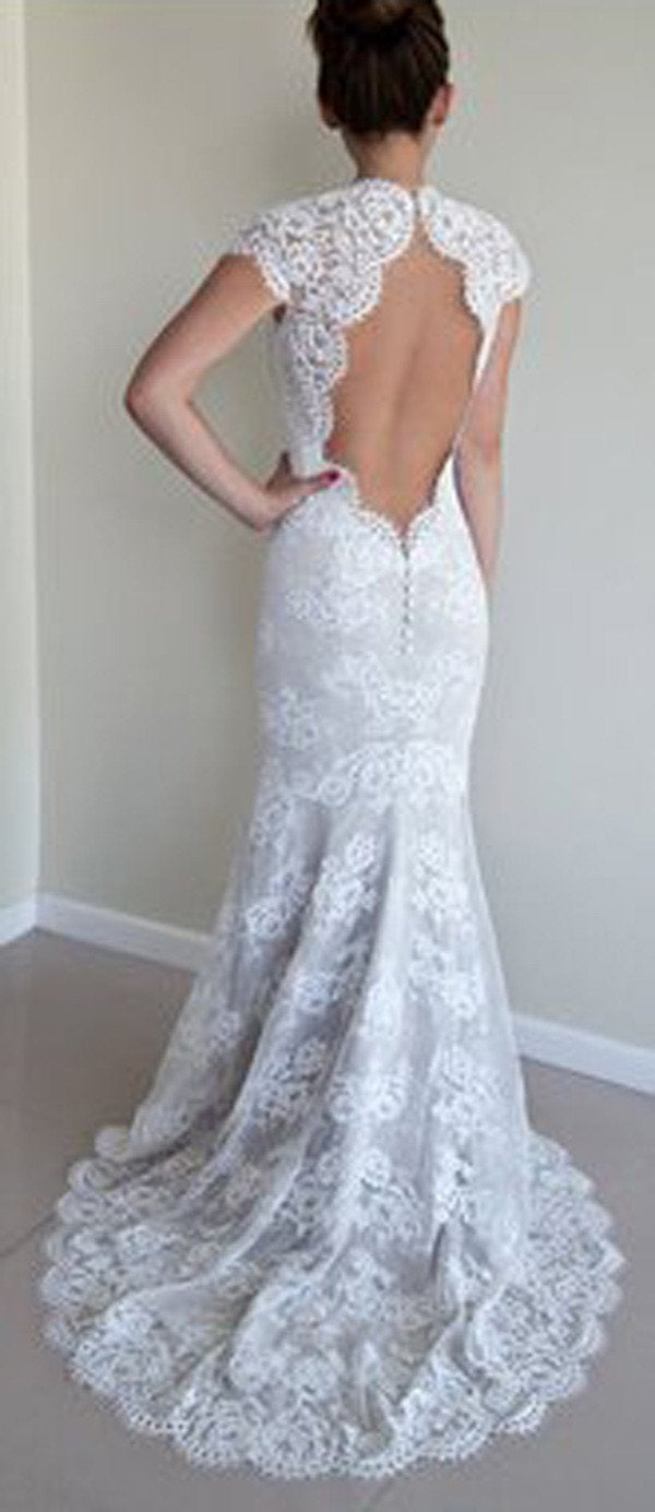 Baoleely White Mermaid Lace Round Neck Open Back Half Sleeves Wedding Dresses, MW211