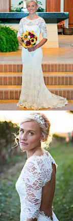 Baoleely White Mermaid Lace Round Neck Open Back Half Sleeves Wedding Dresses, MW211