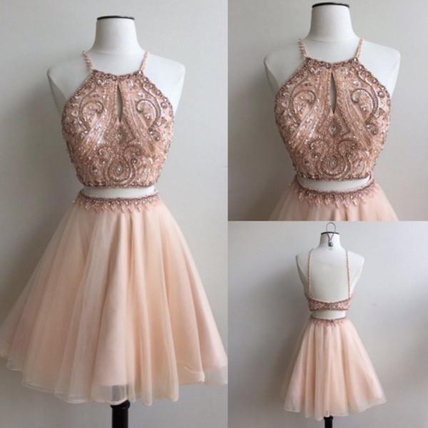 Robe de bal courte à bretelles deux pièces bon marché, avec découpe en forme de goutte, MH170