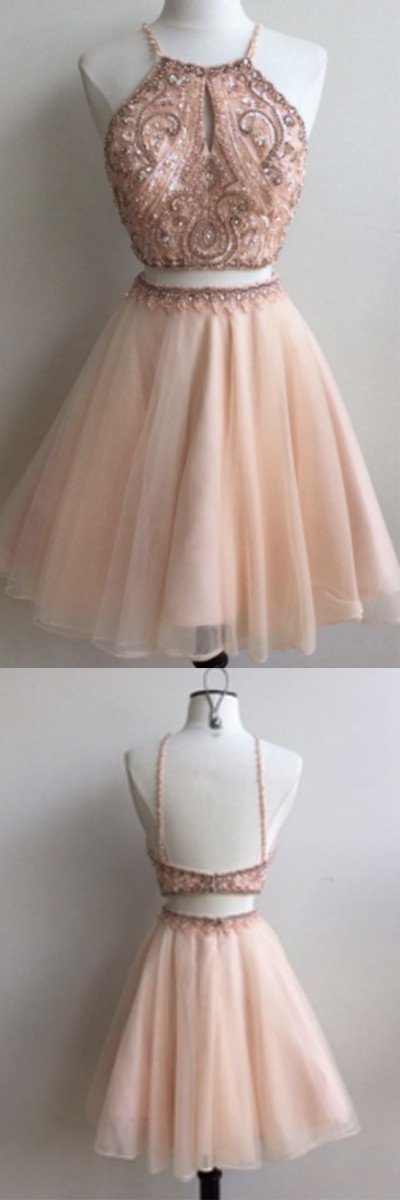 Robe de bal courte à bretelles deux pièces bon marché, avec découpe en forme de goutte, MH170