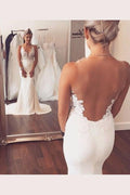 Baoleely White Open Back Spaghetti Straps Trumpet Sweep Train Wedding Dresses, MW225