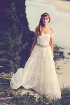 Baoleely White Open Back Off Shoulder Beading Belt Beach Wedding Dresses, MW197