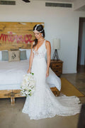 Baoleely White Tulle Deep V Neck Wedding Dresses with Sweep Train and Appliques, MW134