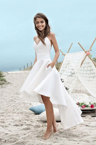 Vestido de novia sencillo para la playa, blanco, con escote corazón y corte asimétrico, modelo MW223 de Baoleely