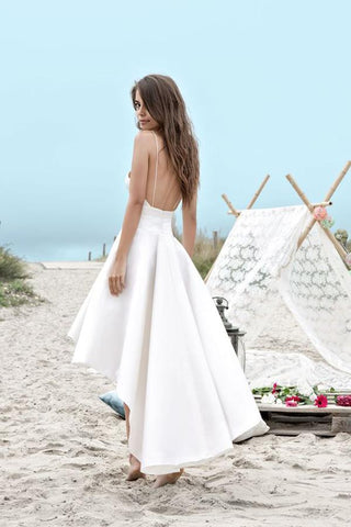 Vestido de novia sencillo para la playa, blanco, con escote corazón y corte asimétrico, modelo MW223 de Baoleely