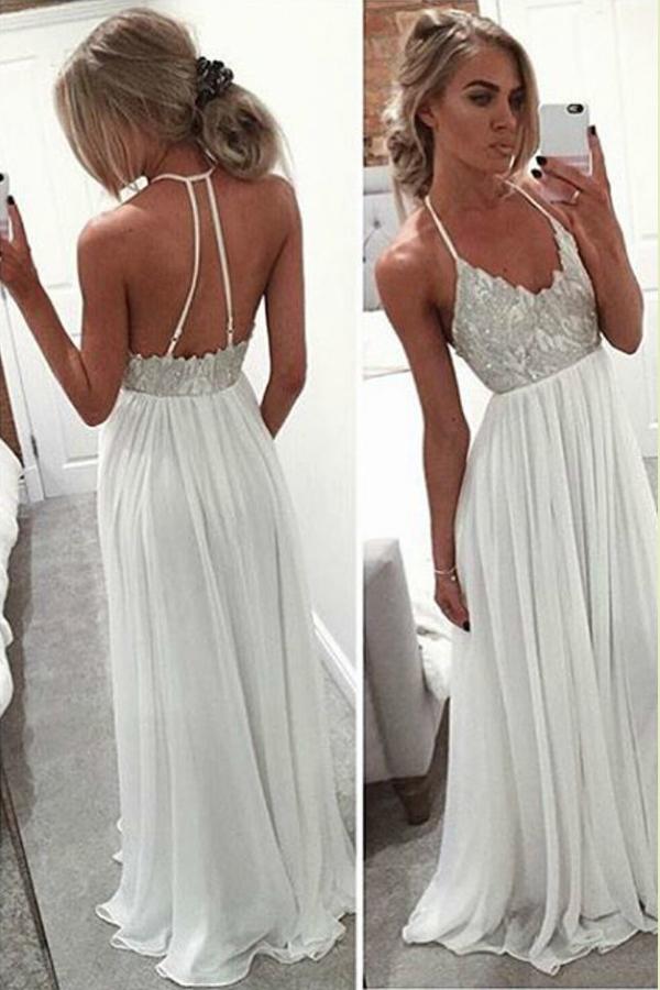 Vestidos de novia blancos largos hasta el suelo con escote halter para la playa, vestidos de graduación baratos con cuentas 
