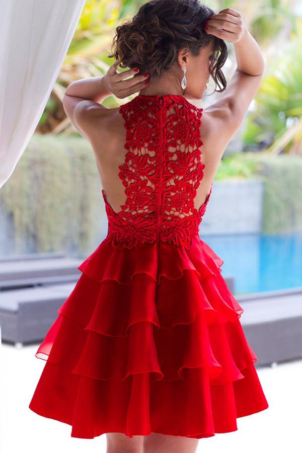 Lace Scoop Neck A-line Chiffon Tiered Homecoming Dress, Short Prom Dresses