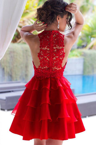 Robe de bal courte en mousseline à volants, col rond et dentelle, coupe trapèze, robe de soirée courte