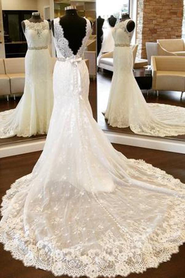 Baoleely White Lace Open Back Mermaid Vintage Scoop Neckline Wedding Dresses, MW200