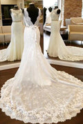 Baoleely White Lace Open Back Mermaid Vintage Scoop Neckline Wedding Dresses, MW200