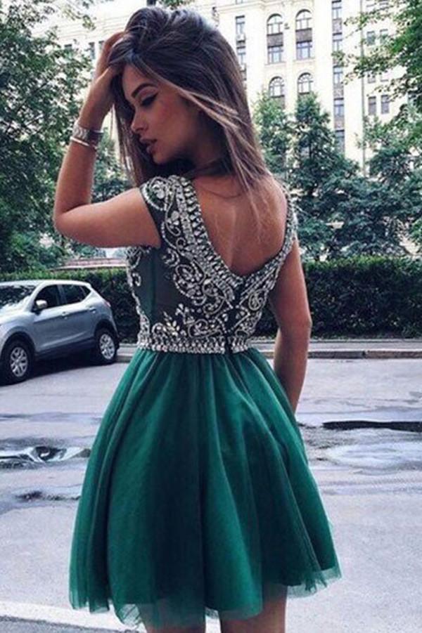 Cheap Beaded Tulle A-line Short Prom Dress, Homecoming Dresses