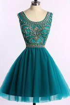 Cheap Beaded Tulle A-line Short Prom Dress, Homecoming Dresses
