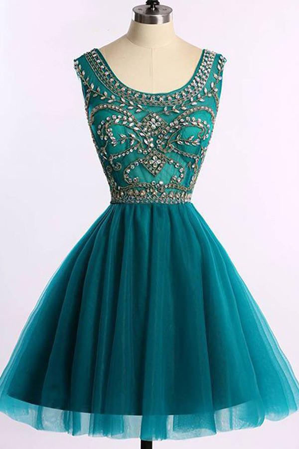 Cheap Beaded Tulle A-line Short Prom Dress, Homecoming Dresses