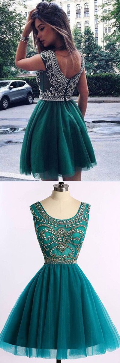 Cheap Beaded Tulle A-line Short Prom Dress, Homecoming Dresses
