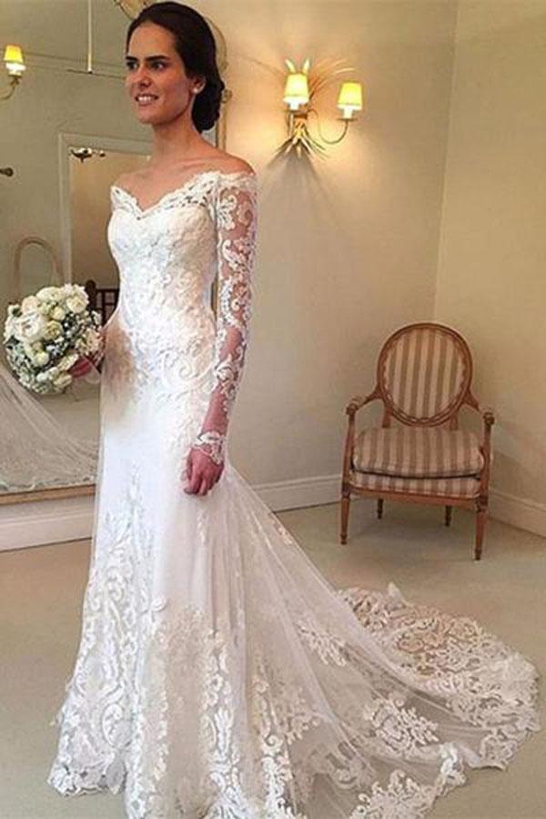 Baoleely White Long Sleeves Off Shoulder Lace Sweep Train Wedding Dresses, MW236