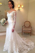 Baoleely White Long Sleeves Off Shoulder Lace Sweep Train Wedding Dresses, MW236
