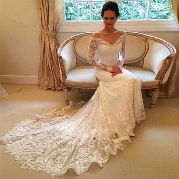 Baoleely White Long Sleeves Off Shoulder Lace Sweep Train Wedding Dresses, MW236