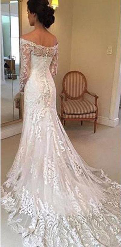 Baoleely White Long Sleeves Off Shoulder Lace Sweep Train Wedding Dresses, MW236