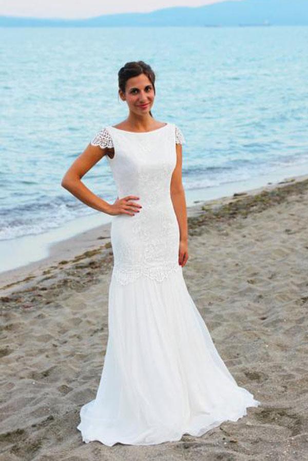 Baoleely White Cap Sleeves Scoop Neck Open Back Lace Beach Wedding Dresses, MW199
