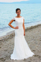 Baoleely White Cap Sleeves Scoop Neck Open Back Lace Beach Wedding Dresses, MW199