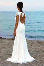 Baoleely White Cap Sleeves Scoop Neck Open Back Lace Beach Wedding Dresses, MW199