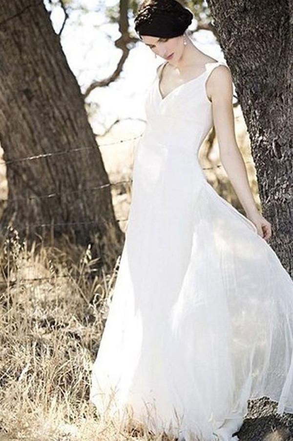 Baoleely Simple Chiffon Ivory A-line V-neck Floor Length Beach Wedding Dresses, MW172