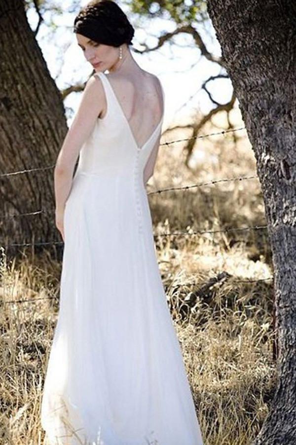 Baoleely Simple Chiffon Ivory A-line V-neck Floor Length Beach Wedding Dresses, MW172