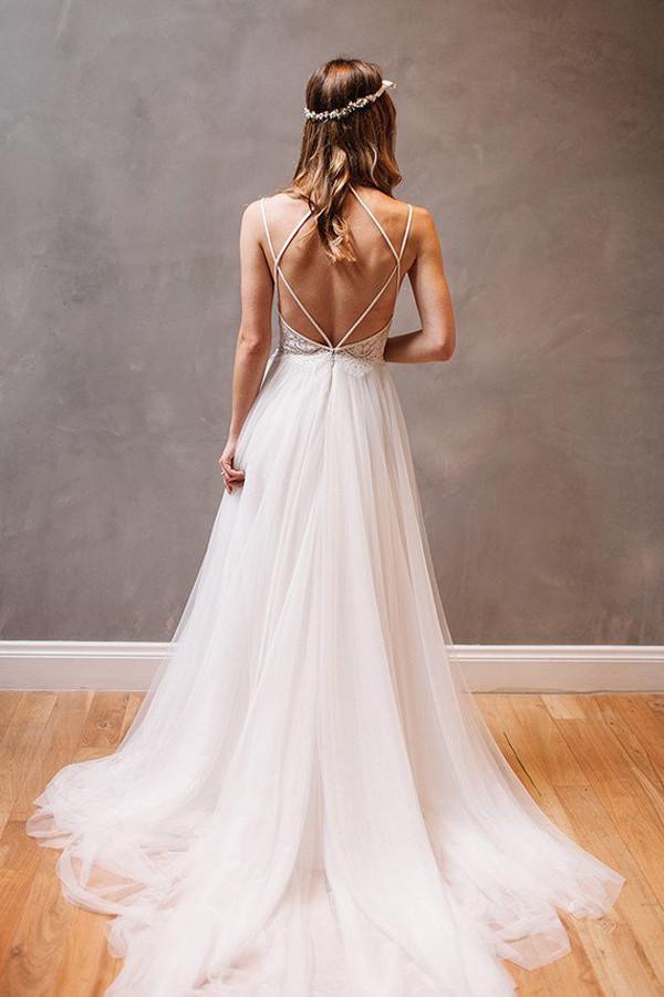 Baoleely Simple Spaghetti Straps A-Line Tulle Open Back Wedding Dresses online, MW253