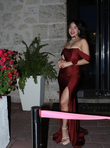 Elegant Burgundy Off The Slit Mermaid Evening Dress Formal Prom Dress Y8414