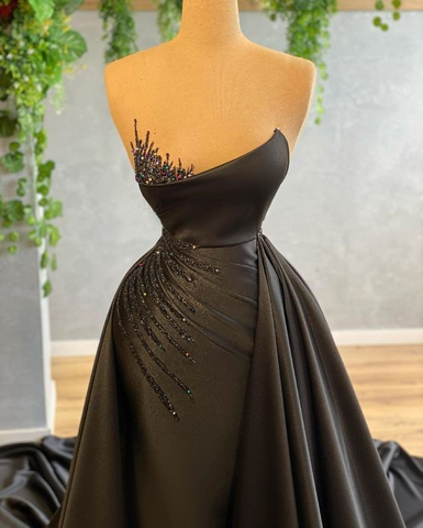 Robe de bal noire à traîne amovible pour femme, ornée de perles et plissée, modèle Y6676