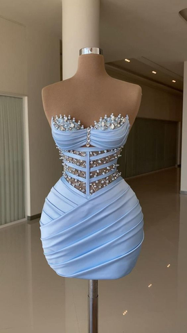 Robe bleue sexy plissée pour bal de promo Y4131