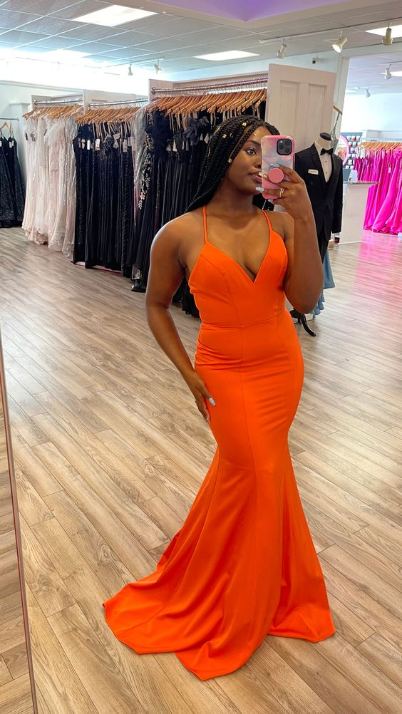 Vestido largo de sirena de satén naranja sencillo para baile de graduación. Vestido de noche naranja Y6197