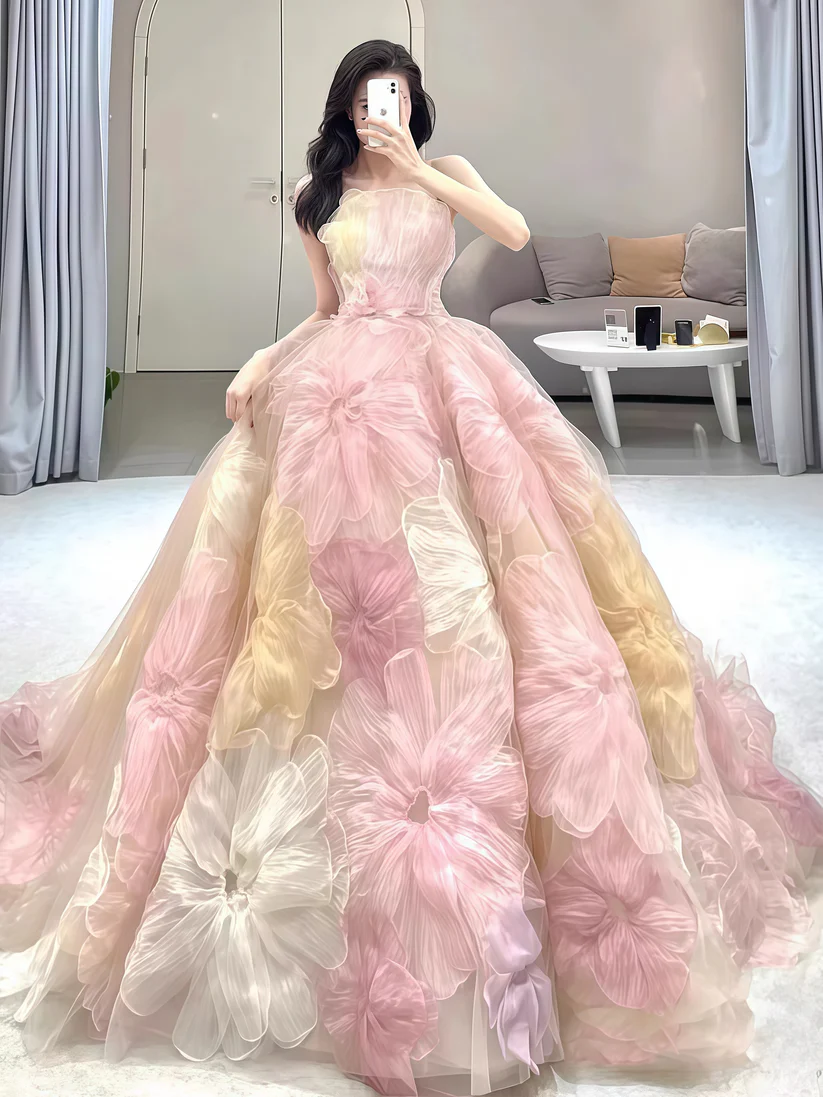 Vestido de gala floral de princesa de ensueño, vestido de noche de corte A sin tirantes, vestido de novia Y8289