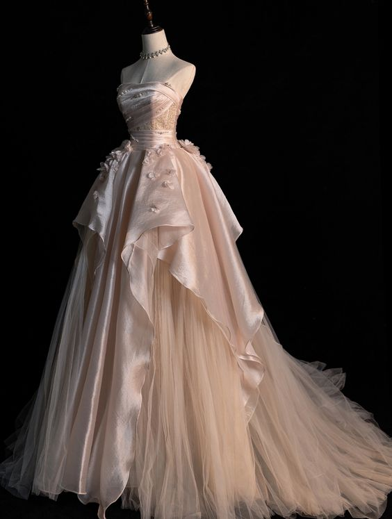 Vestido de noche de tul rosa sin tirantes, corte en A, estilo glamuroso Y6761