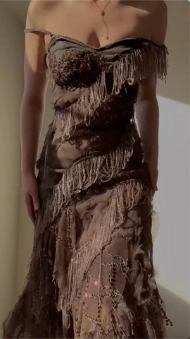 Vintage Off The Shoulder Chiffon Sequins Evening Dress Formal Prom Dress Y8300