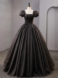 Black Square Neckline Tulle Long Prom Dress Shiny Black Evening Dresses Y4386
