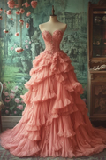 Precioso vestido de baile con apliques de tul rosa, volantes plisados, vestido de graduación de corte A de varias capas Y8038