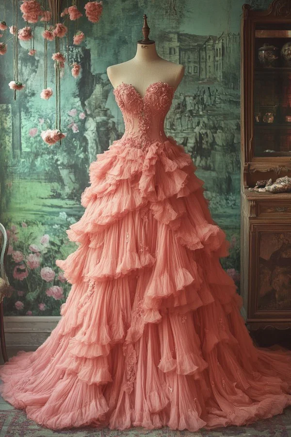 Precioso vestido de baile con apliques de tul rosa, volantes plisados, vestido de graduación de corte A de varias capas Y8038