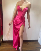 Vestido de noche formal fucsia para mujer, vestido largo de invitada de boda con abertura alta Y3091