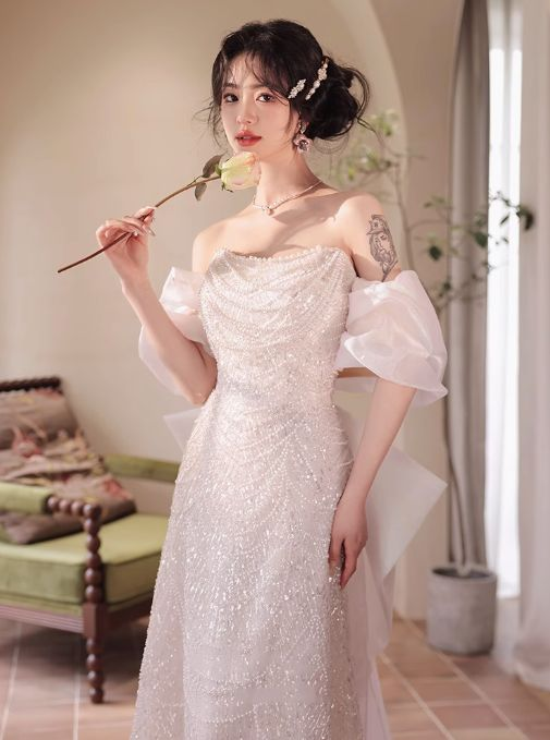 Robe de bal longue rose en tulle à sequins et perles, coupe trapèze, épaules dénudées, modèle Y8050