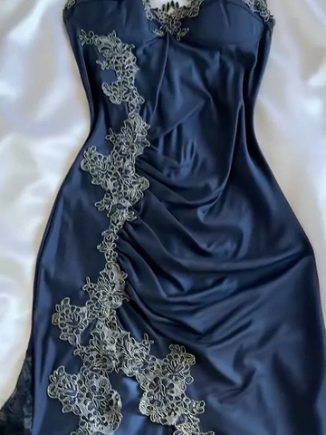 Vestido de noche sirena vintage azul marino con apliques de encaje satinado, estilo baile de graduación Y8497