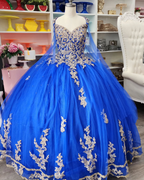 Vestido de baile de tul azul real con encaje dorado para quinceañera Y530