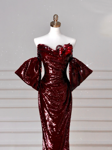 Charming Burgundy Off The Shoulder Sequins Mermaid Prom Dress Evening Dress Y8639
