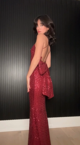 Elegant Burgundy Sequins Mermaid Evening Dress Backless Long Prom Dress With Bow Y8510