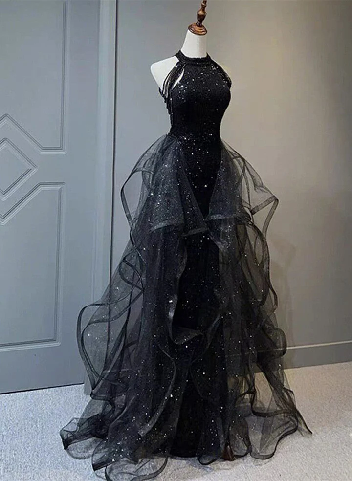 Robe de soirée noire à col montant, dos nu, en tulle brillant et sequins, robe de bal en tulle noir Y1864