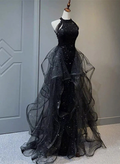 Robe de soirée noire à col montant, dos nu, en tulle brillant et sequins, robe de bal en tulle noir Y1864