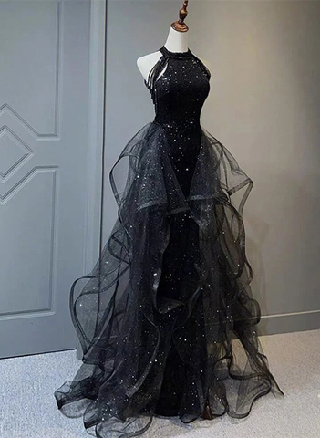 Robe de soirée noire à col montant, dos nu, en tulle brillant et sequins, robe de bal en tulle noir Y1864