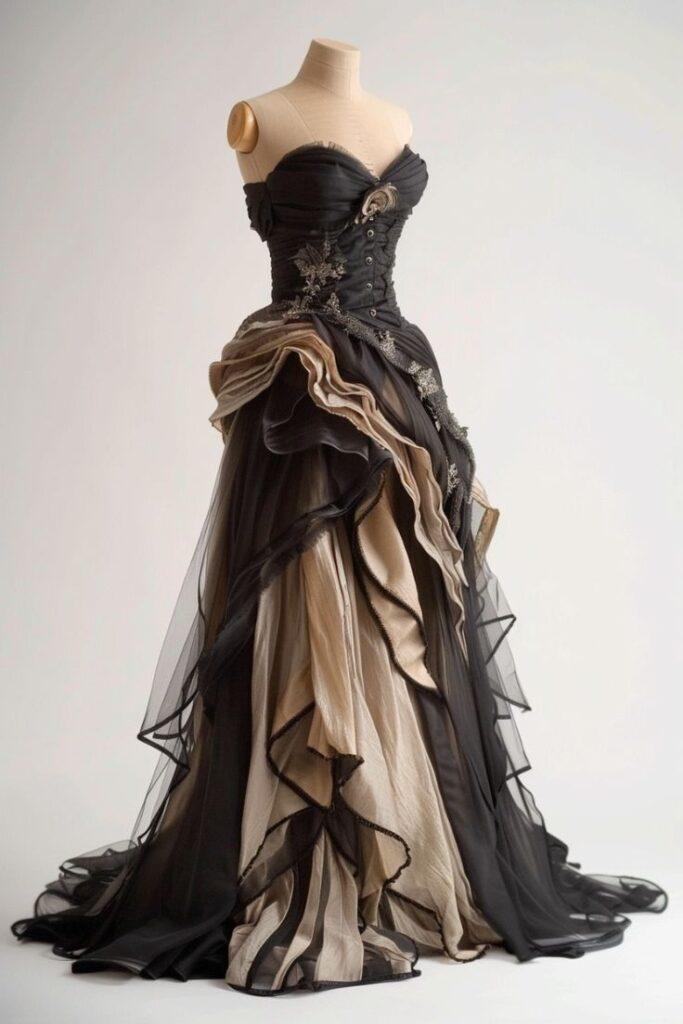 Robe de soirée plissée vintage en tulle noir ornée d'appliqués de dentelle, modèle Y8354