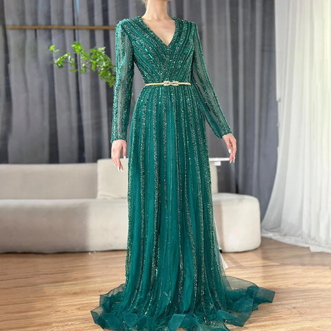 Muslim Green Luxury Elegant Evening Dresses Gowns 2025 Long Sleeves Beading For Women Party LA70790