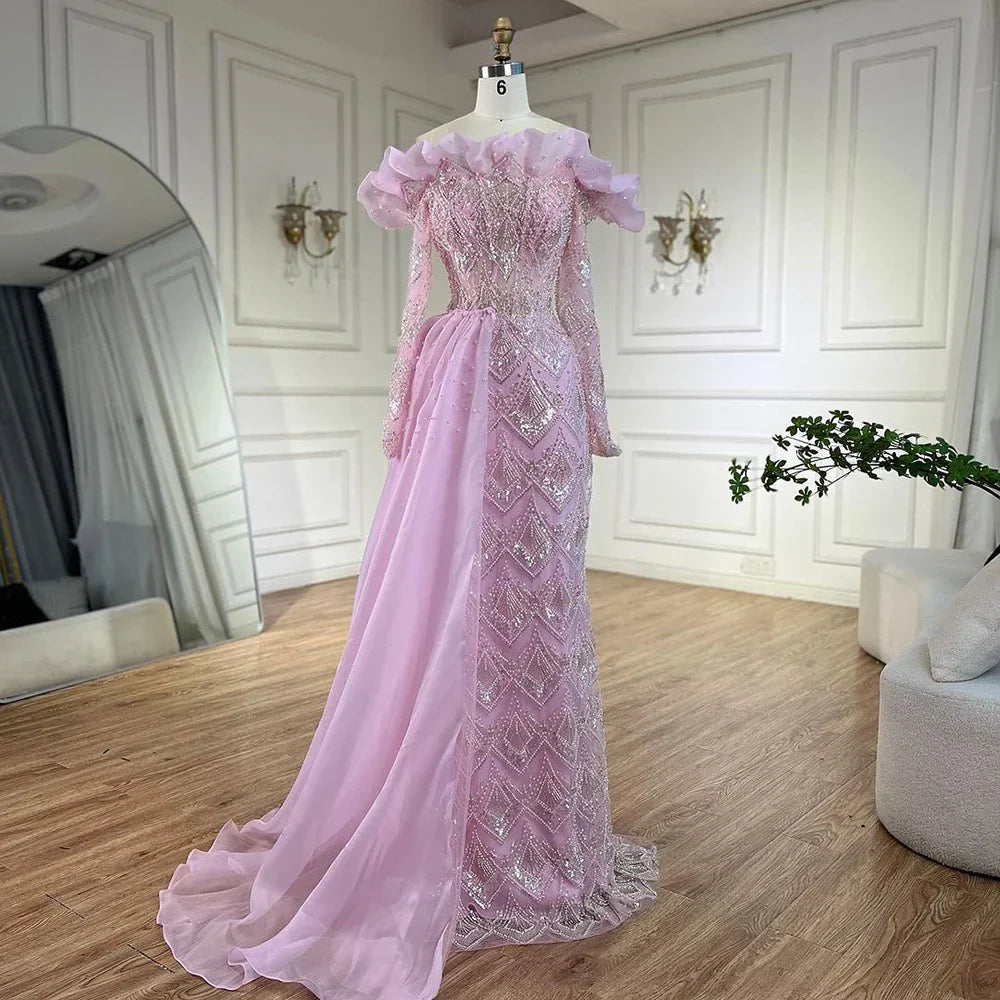 Arabic Mermaid Elegant Orange Luxury Evening Dresses Gowns Pearls Beaded For Women Party 2025 LA71649A